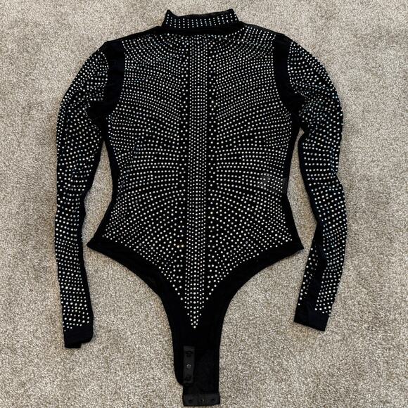 new small sheer mesh all over rhinestone mock neck bodysuit TLS2 2257 - Picture 8 of 11